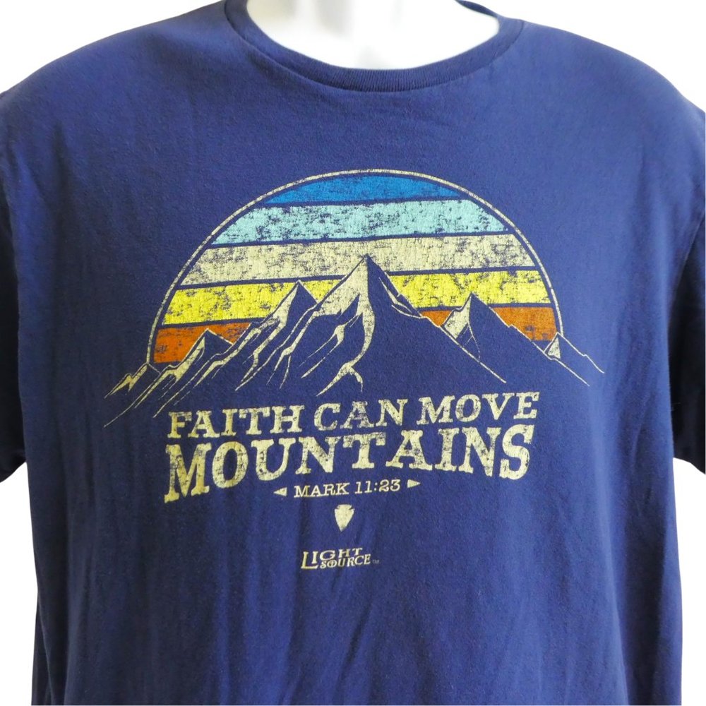 Light Source T Shirt Tee Blue Faith Can Move Mountains Stripes Christian Jesus